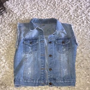 Distressed Jean Denim Cropped Button Up Vest